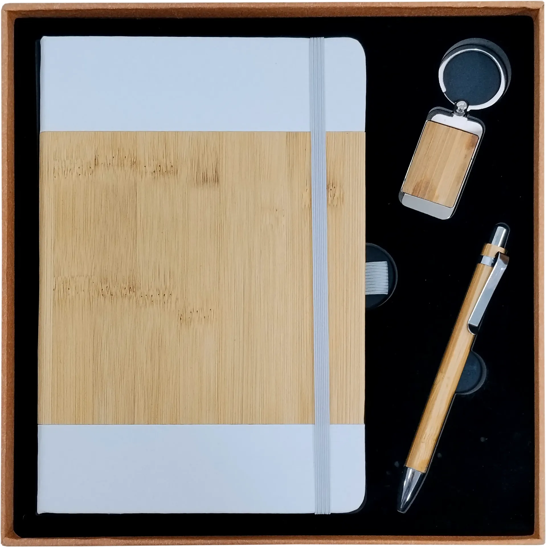 coffret  notebook  avec porte clés rectangle et stylo bamboo